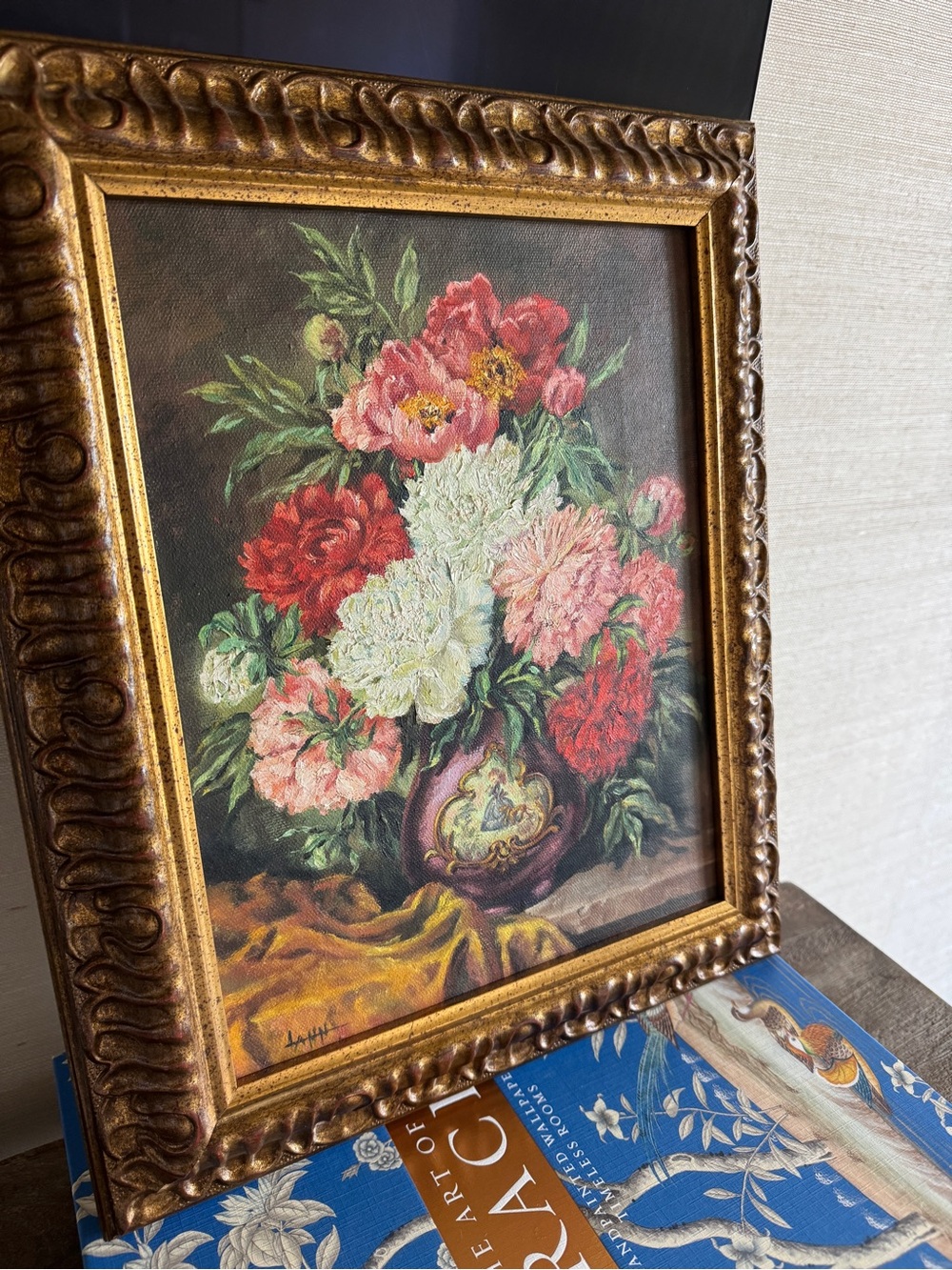 Vintage Original Signed Floral Oil Painting in Gold Frame - Red, Pink